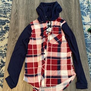Tweed Plaid long sleeve shirt with hoodie